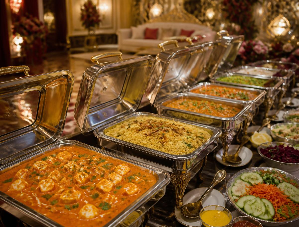 Premium Indian wedding catering buffet setup by Rasalaya