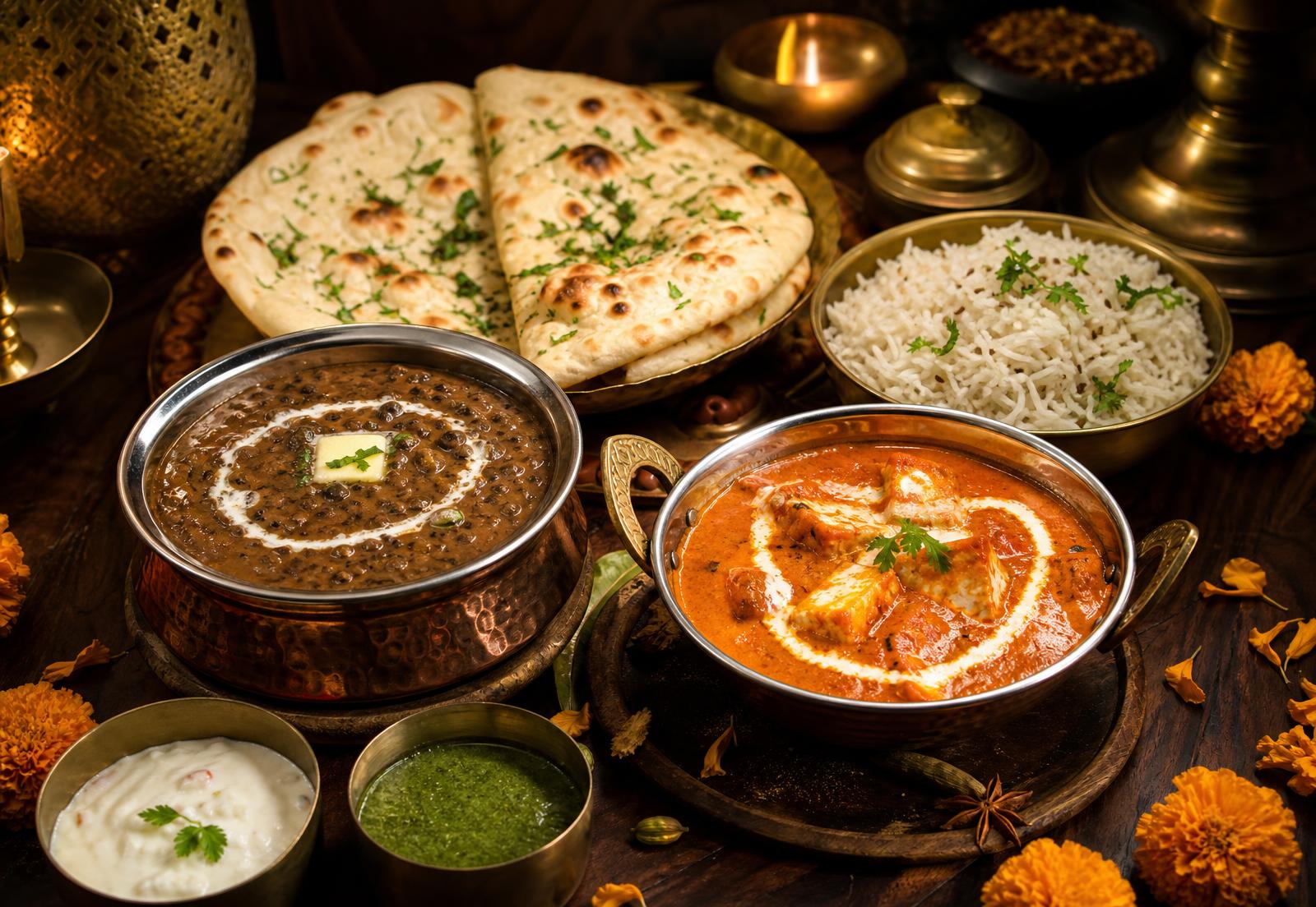 Premium pure vegetarian North Indian spread with dal makhani, paneer butter masala, butter naan and jeera rice
